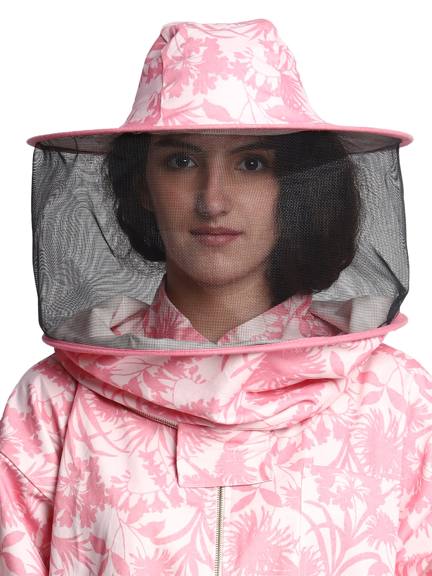 Beeattire Cotton Pink Bee Suit for Women with Round Hood - Pink Flower Printed