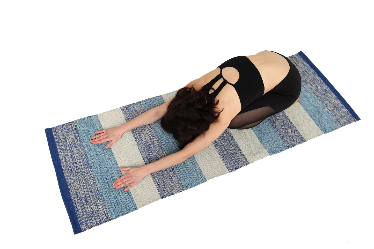 Handwoven 4 mm Cotton Yoga Mat – Blue Horizon Stripes, 72″ × 26″ – No Color-Bleed, Eco-Friendly & Naturally Non-Slip