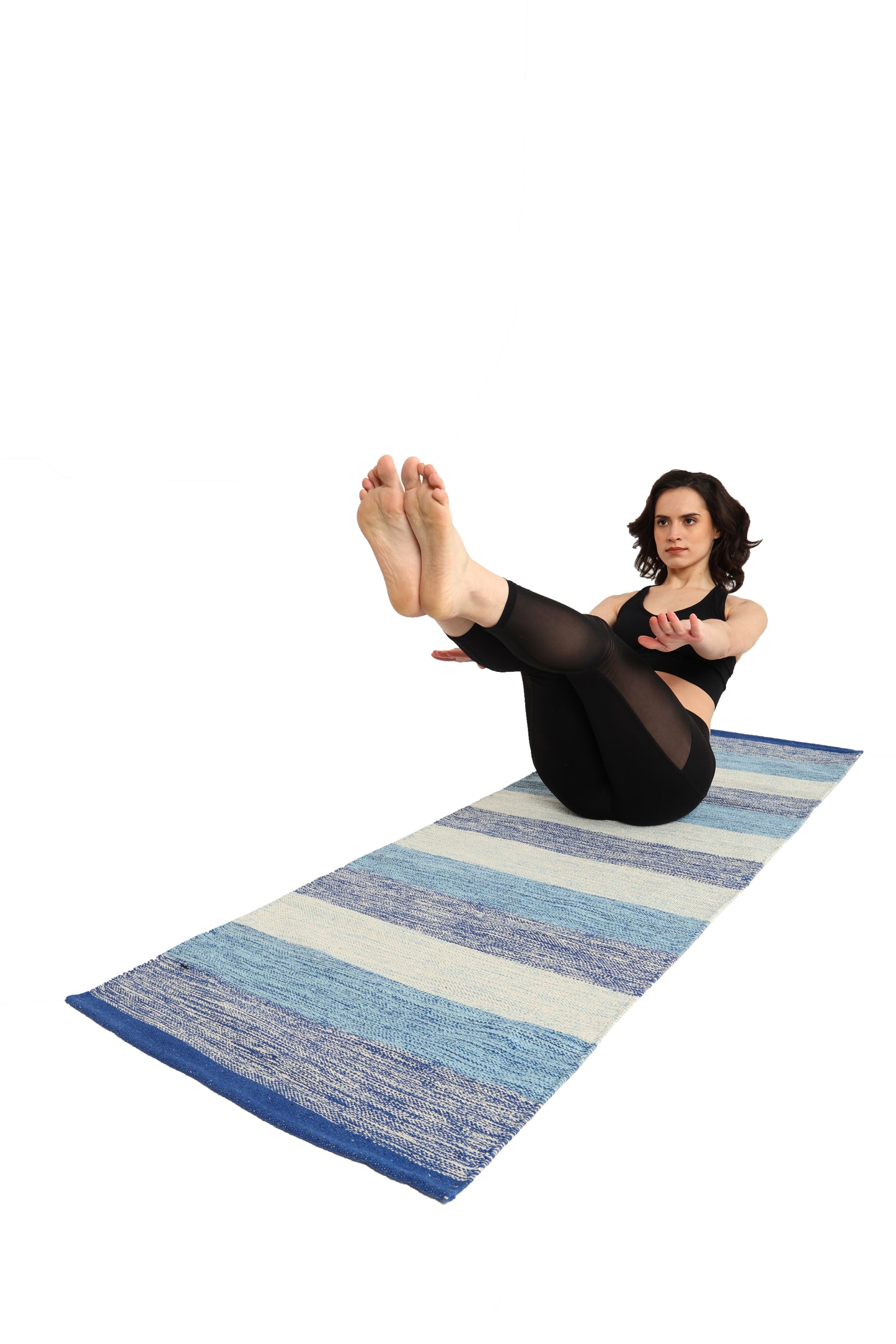 Handwoven 4 mm Cotton Yoga Mat – Blue Horizon Stripes, 72″ × 26″ – No Color-Bleed, Eco-Friendly & Naturally Non-Slip
