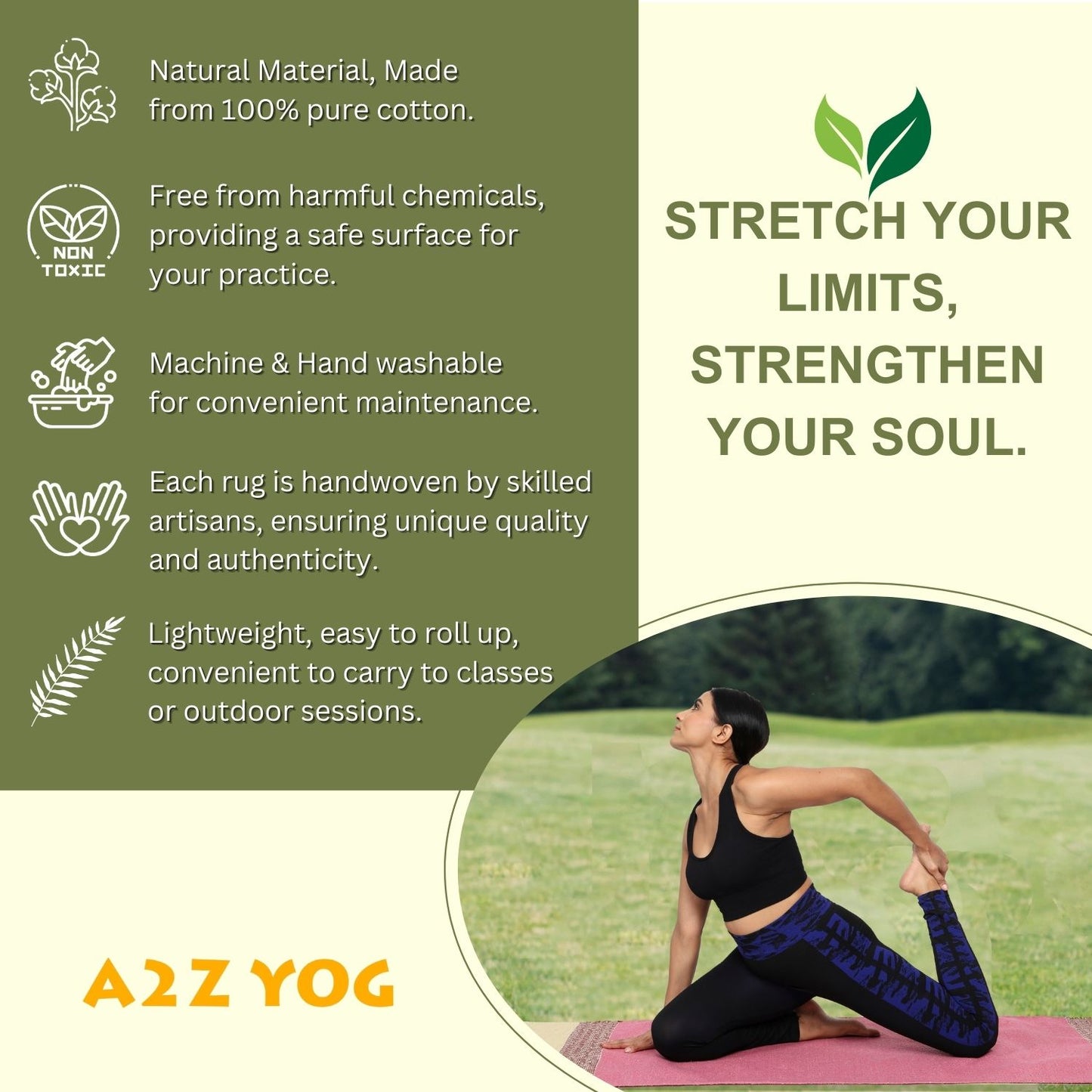 Handwoven 4 mm Cotton Yoga Mat – Forest Fern Stripes, 72″ × 26″ – No Color-Bleed, Eco-Friendly & Naturally Non-Slip