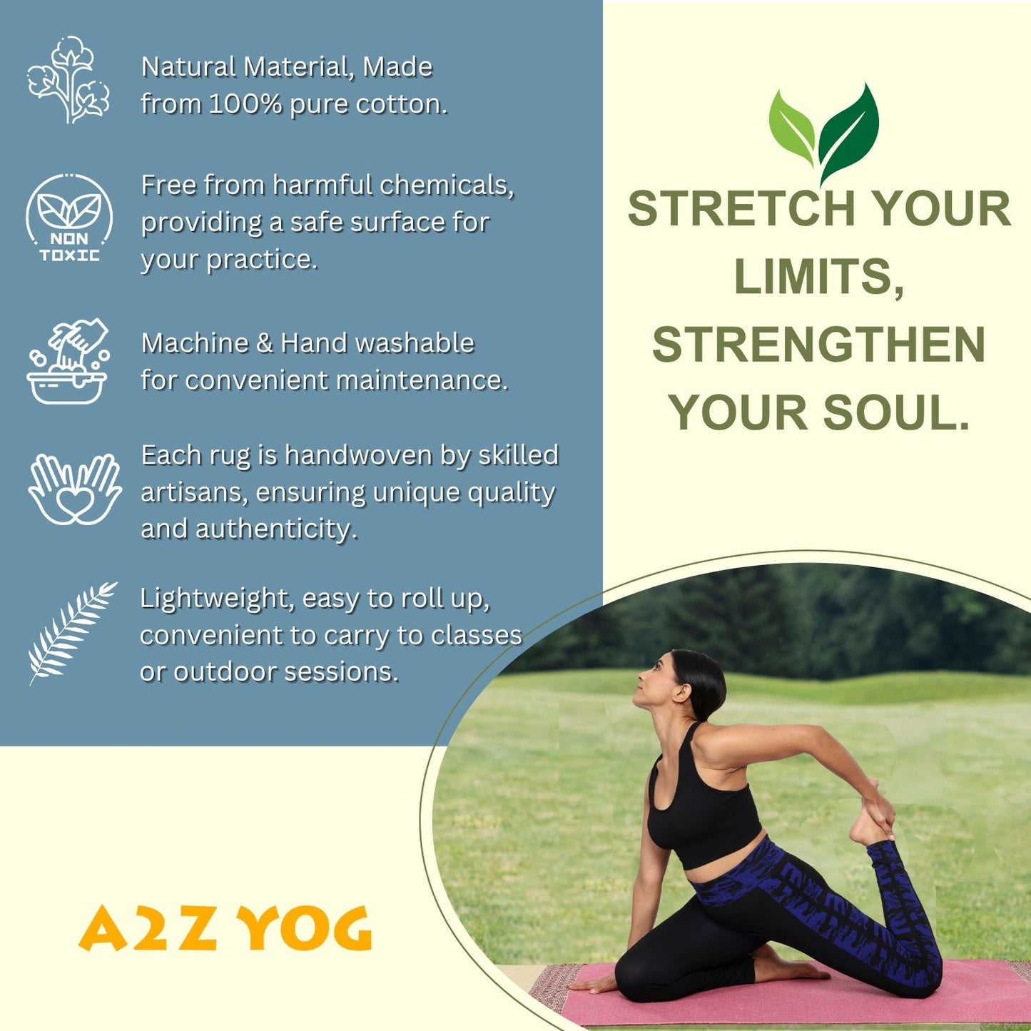 Handwoven 4 mm Cotton Yoga Mat – Blue Horizon Stripes, 72″ × 26″ – No Color-Bleed, Eco-Friendly & Naturally Non-Slip